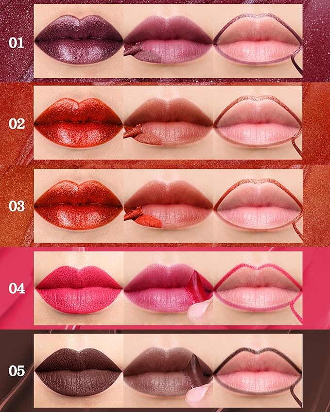 Peel Off Lip Liner Stain, Long Lasting Waterproof Transfer-Proof Lip Tint Stain Peel Off, Non-stick High Pigmented Lip Gloss Lipliner Tattoo, Liquid Tinted Lipstick, Lip Makeup Gift for Women Girl-04