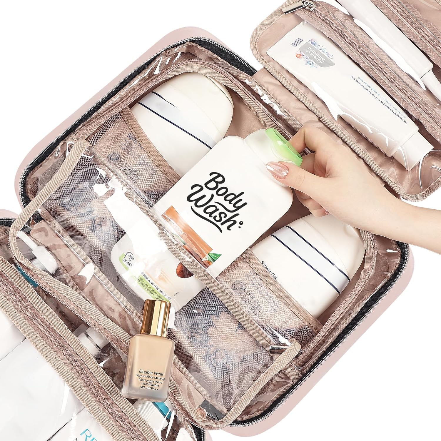 NISHEL Travel Toiletry Bag for women, Portable Hanging Organizer for Family-Sized Shampoo, Conditioner, Brushes Set, Makeup Accessories, Extra Large Size, Pink