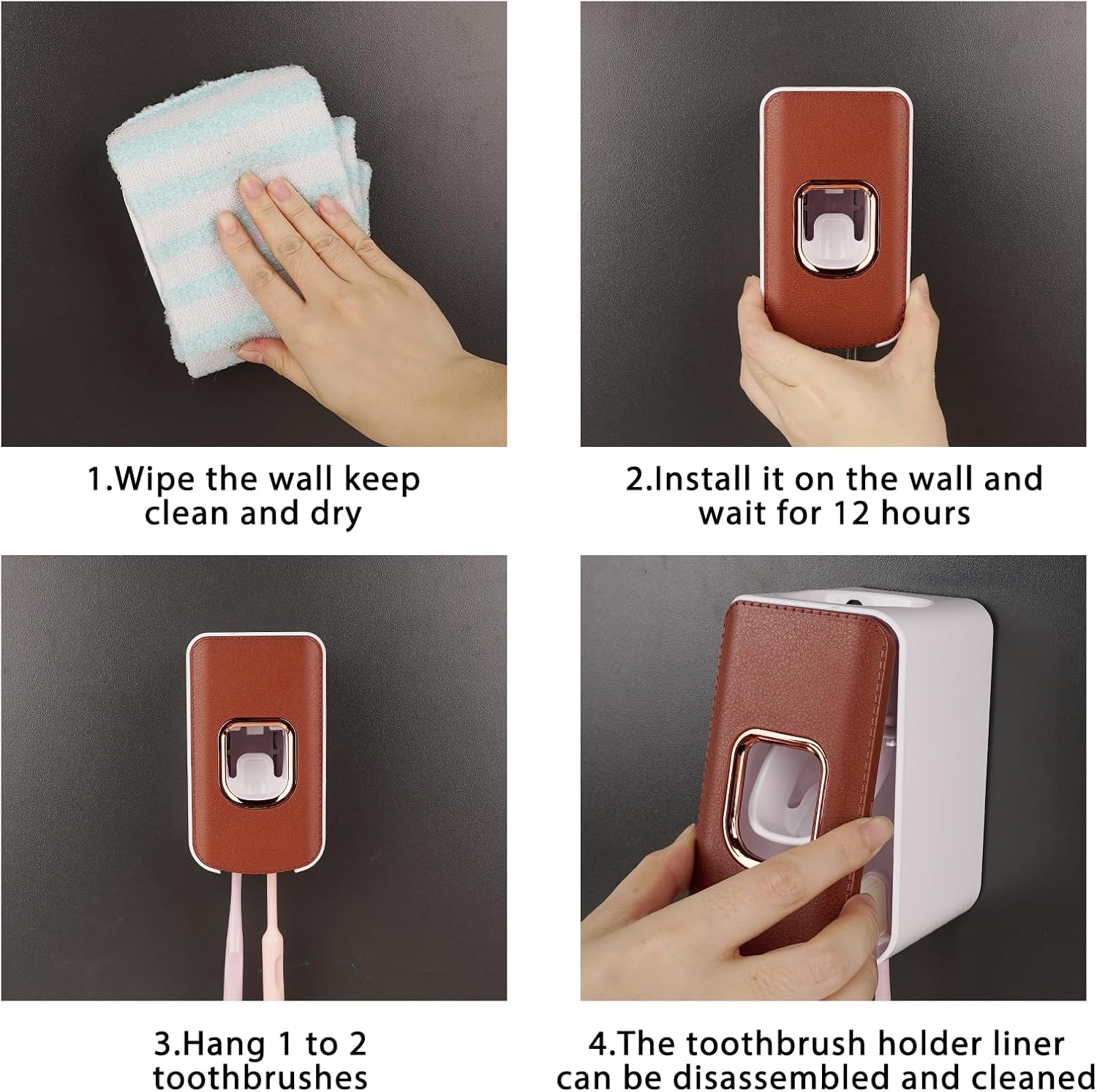 2 Slot Toothbrush Holder and Toothpaste Dispenser Wall Mounted, Automatic Toothpaste Squeezer, 2 in 1 Tooth Brush Toothpaste Organizer for Shower (Brown 2Pack)