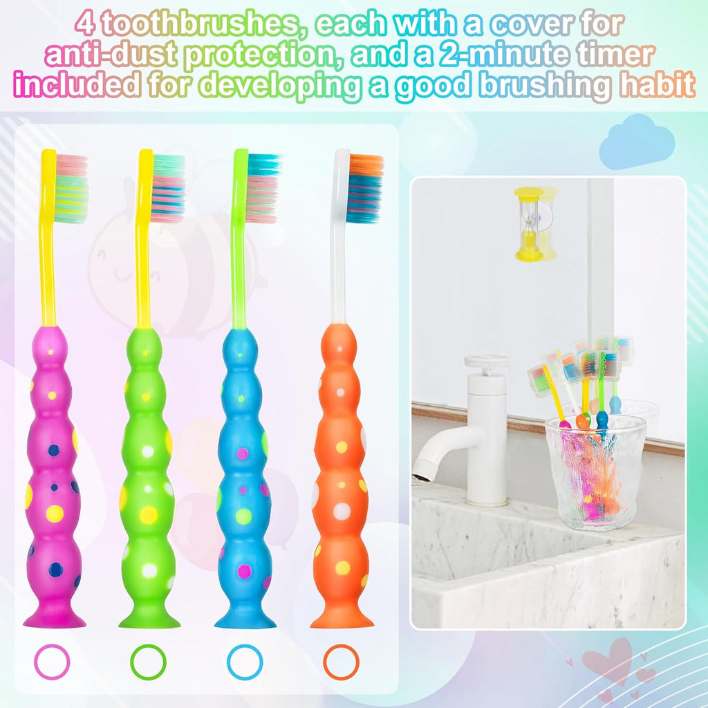 Kids Toothbrush, Toddler Toothbrush Age 2-4 and Older, with Suction Timer, Children Sized Brush Heads (3-10 Year Old), Flossing Bristles, Pack of 4