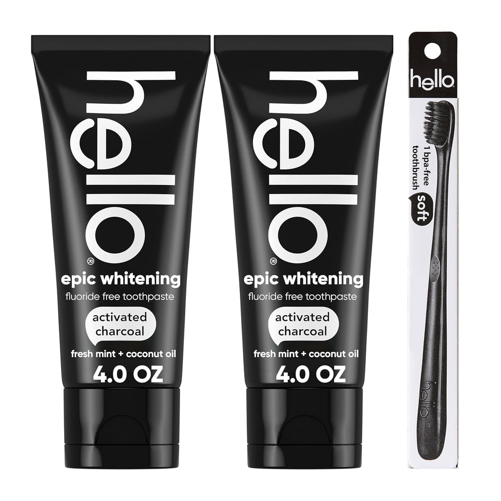 Hello Activated Charcoal Epic Teeth Whitening Fluoride Free Toothpaste and Toothbrush, Fresh Mint and Coconut Oil, Vegan, SLS Free, Gluten Free and Peroxide Free, 4 Ounce (Pack of 2)