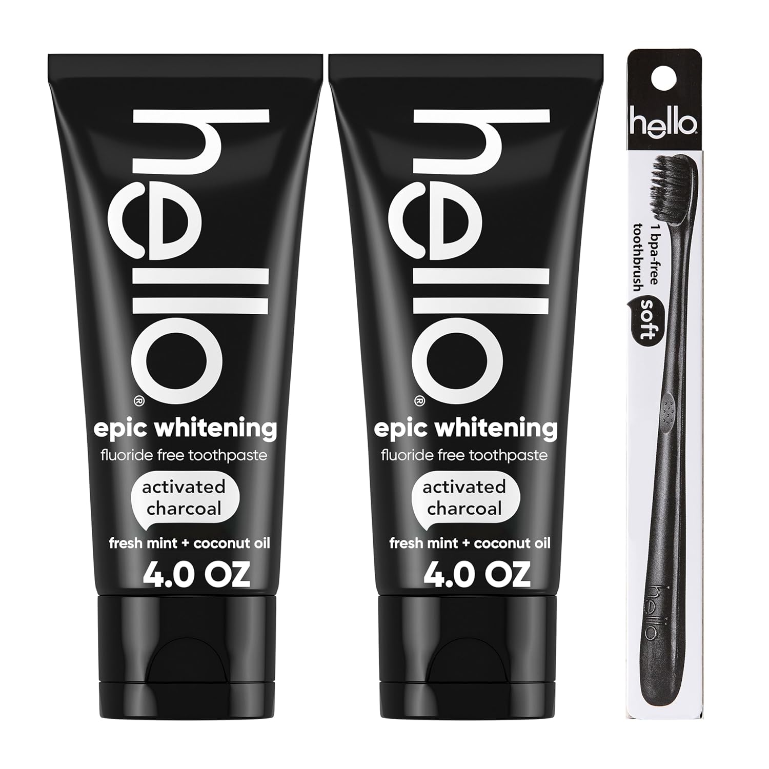 Hello Activated Charcoal Epic Teeth Whitening Fluoride Free Toothpaste and Toothbrush, Fresh Mint and Coconut Oil, Vegan, SLS Free, Gluten Free and Peroxide Free, 4 Ounce (Pack of 2)