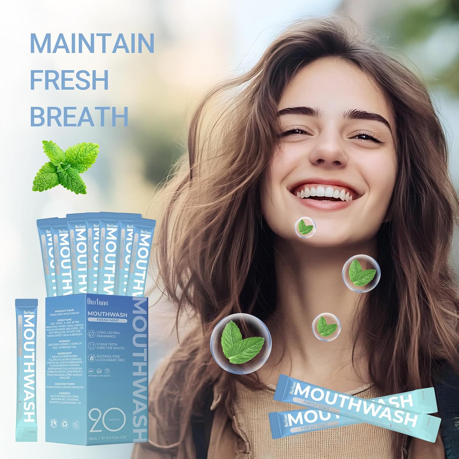 Travel Size Fresh Mint Mouthwash, Alcohol-Free, 15ml Portable Packets, Long-Lasting Freshness (20)