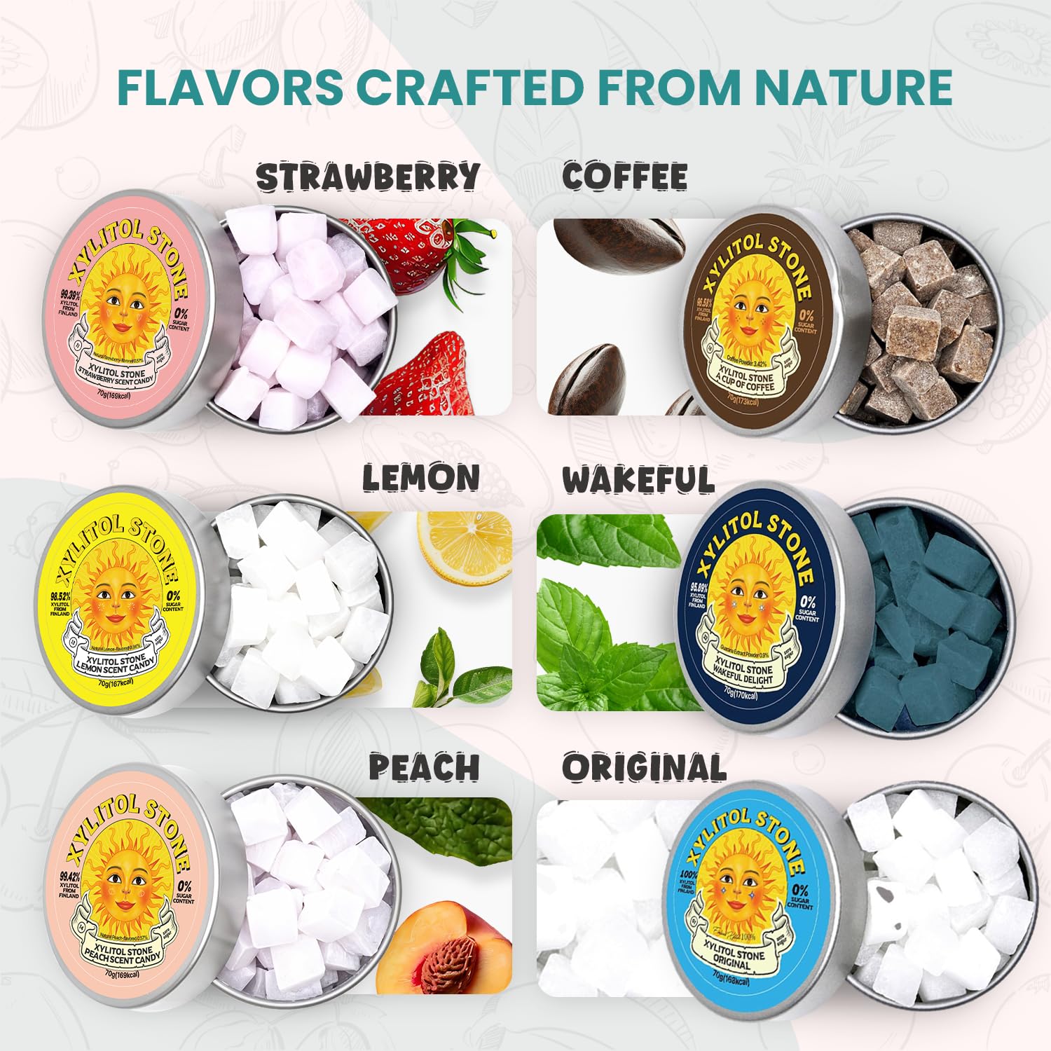 Xylitol Stone Sugar Free Candy - Vegan & Keto Friendly Unique Hard Candy - 100% Natural Flavor Candies - Gluten Free & Non-GMO Breath Freshener Low Calorie Mints - Pack of 6 Variety Pack