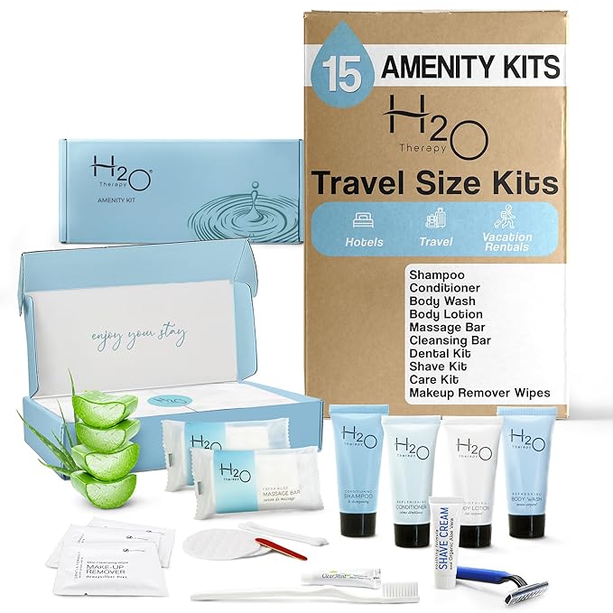 H2O Therapy Amenity & Accessory Kit | 0.85 oz Travel Size Shampoo, Conditioner, Lotion, Body Wash, Massage Bar, Cleansing Bar, Shave & Dental Sets, Make-Up Remover Wipes, & Vanity Kit | 15 sets/case
