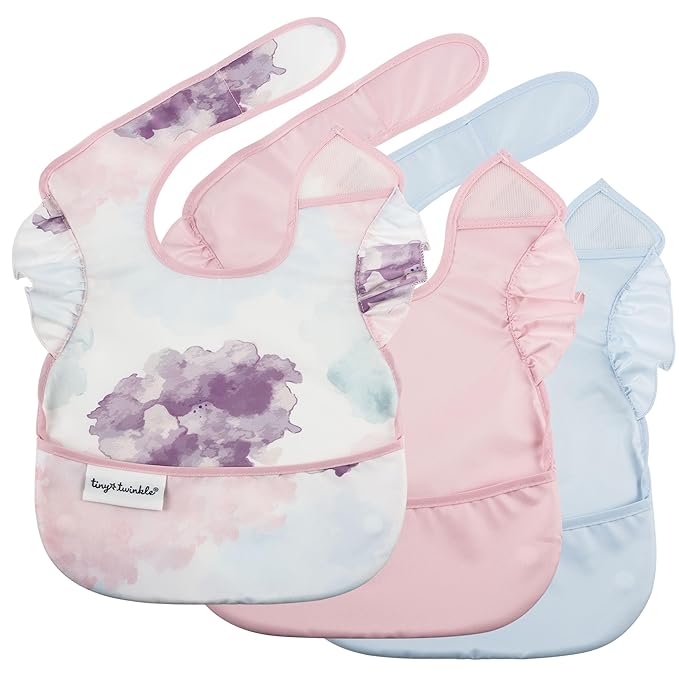 Tiny Twinkle Mess-Proof Baby Bibs for Eating | Waterproof, Wipeable Toddler Bibs with Catch-All Pocket | Feeding Bibs for Girls & Boys(3 Pack,Cotton Candy)