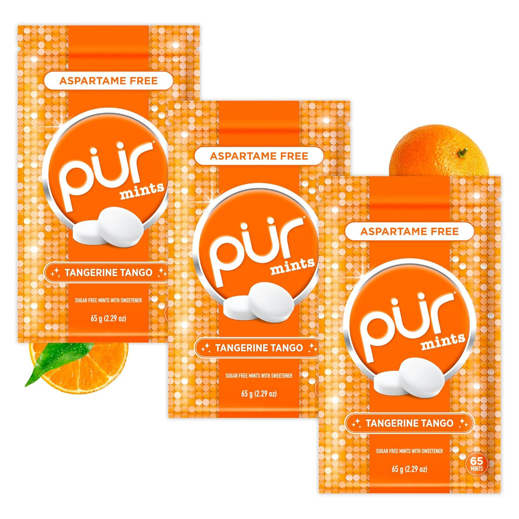 PUR Mints | Aspartame Free Breath Mints | Made with Xylitol | Sugar Free, Vegan, Gluten Free | Natural Tangerine Tango Flavor | 65 Pieces in Re-Sealable pouch (Pack of 3)