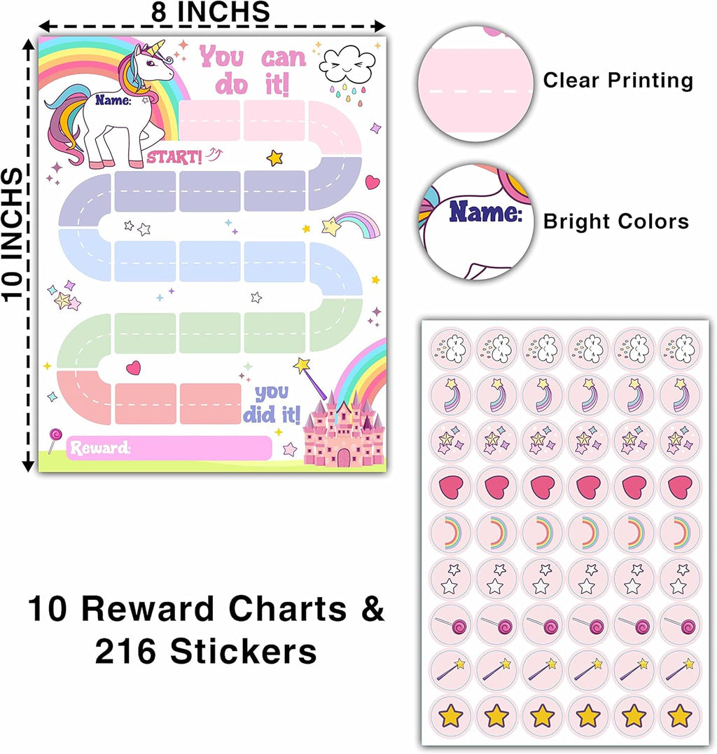 10 Unicorn Reward Chart with 216 Round Stickers, Incentive Behavior Chart for Kids at Home Classroom, Kids Routine Daily Chore Sticker Chart-A20