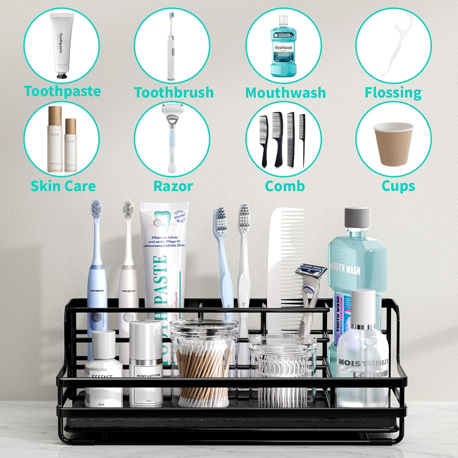 HapiRm Toothbrush Holders for Bathroom - 5 Partitions Bathroom Counter Organizer with Instant Drying Stone, Stainless Steel Countertop Storage Electric Toothbrush Toothpaste Holder - Black