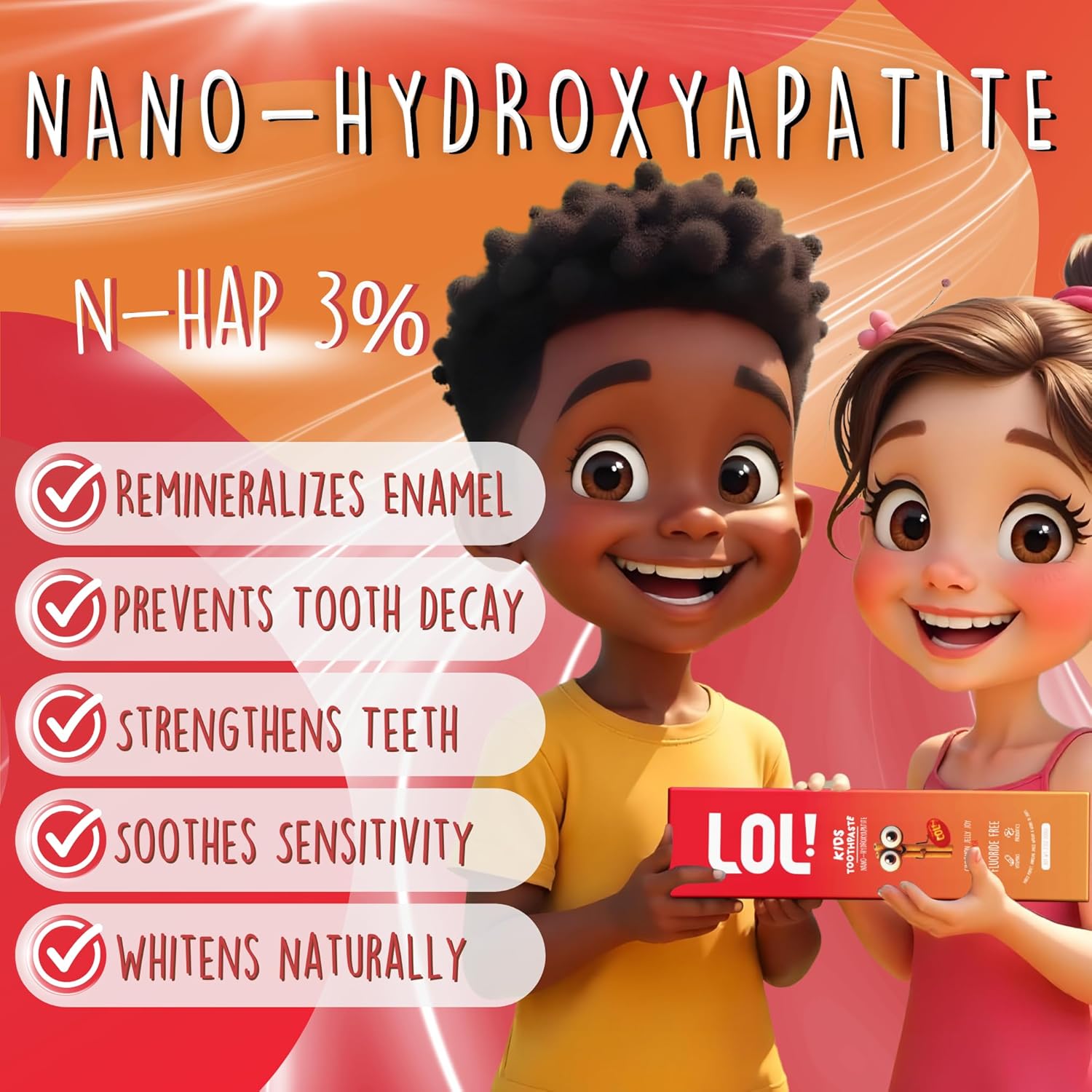 LOL Kids Toothpaste | Fluoride Free 4-Flavors Pack | Nano Hydroxyapatite Toothpaste, Probiotics, Vitamins A, C, E | Safe if Swallowed, No SLS | 1 Strawberry, 1 Melon Flavor, 1 Peppermint, 1 Cinnamon