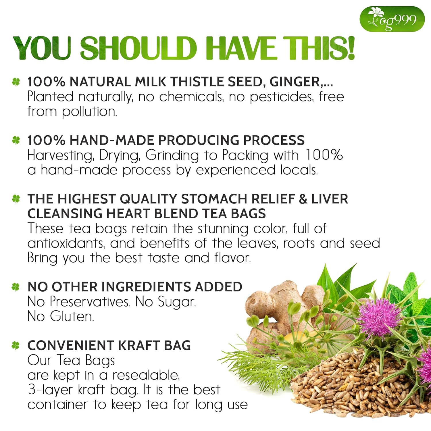 TOG999, Premium Stomach & Liver Herbal Tea – 60 Tea Bags – Milk Thistle Seed, Ginger, Fennel, Peppermint & Licorice – Caffeine-Free – Soothing & Refreshing Herbal Blend for Daily Enjoyment