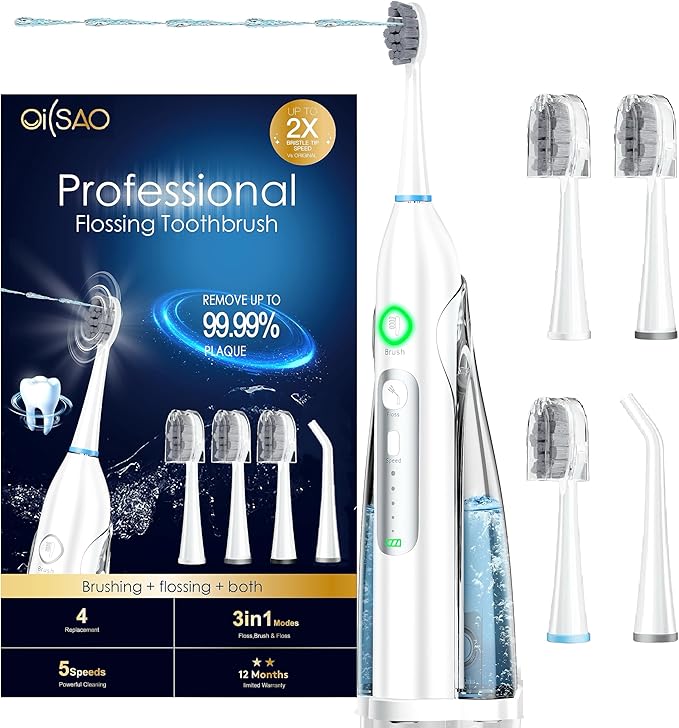 Electric Toothbrush with Water Flosser, 3 Sonic Modes, 5 Flossing Speeds with 3 Brushes + 1 Nozzle, Portable Flossing Toothbrush Combo for Adults Teeth Cleaning Kit for Plaque Removal,White