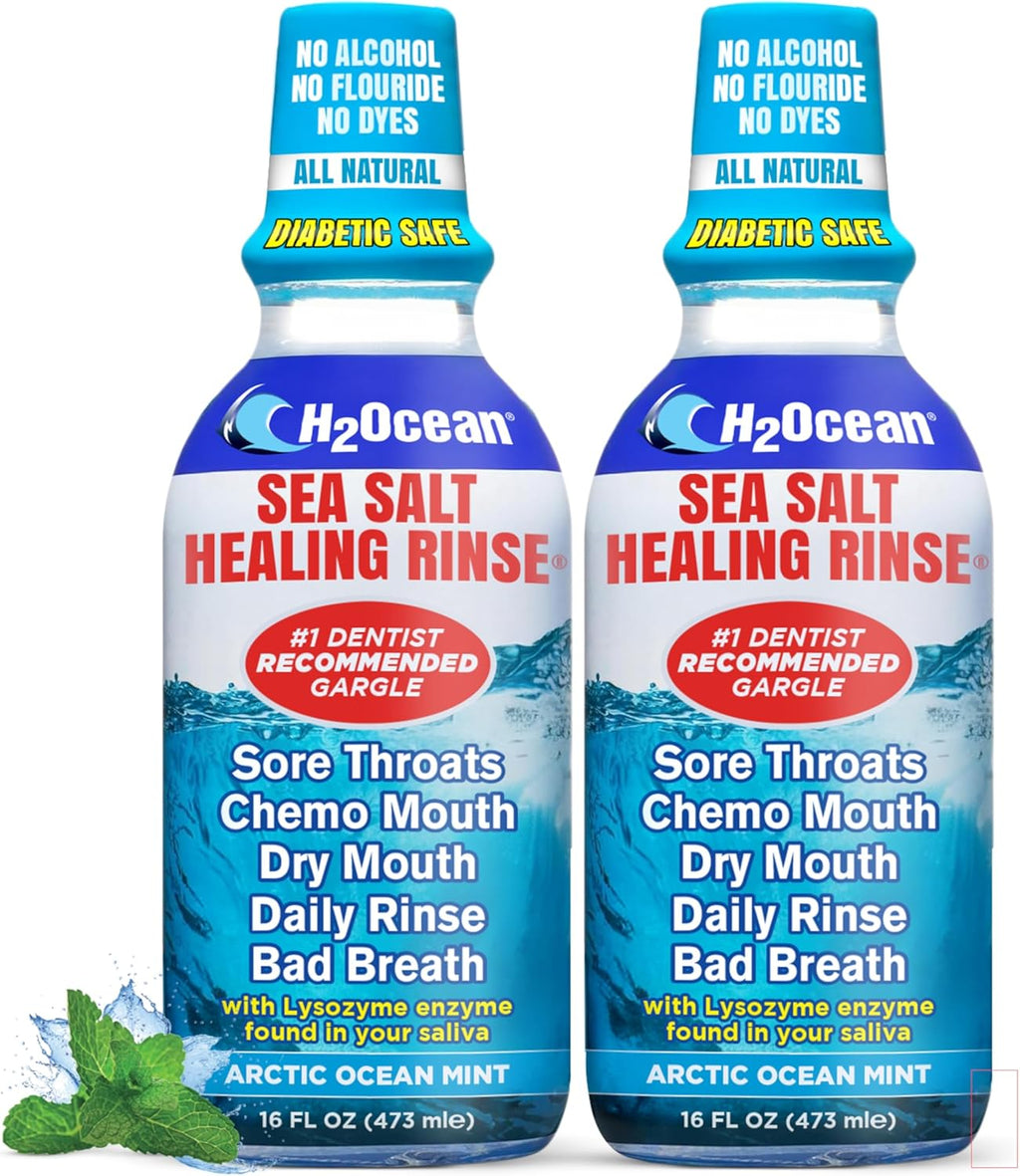 2 Pack H2Ocean Healing Rinse Mouthwash- Great Tasting Sea Salt & Xylitol Mouth Wash for Fresh Breath & Dry Mouth - Alcohol & Fluoride Free - Arctic Ocean Mint 16oz