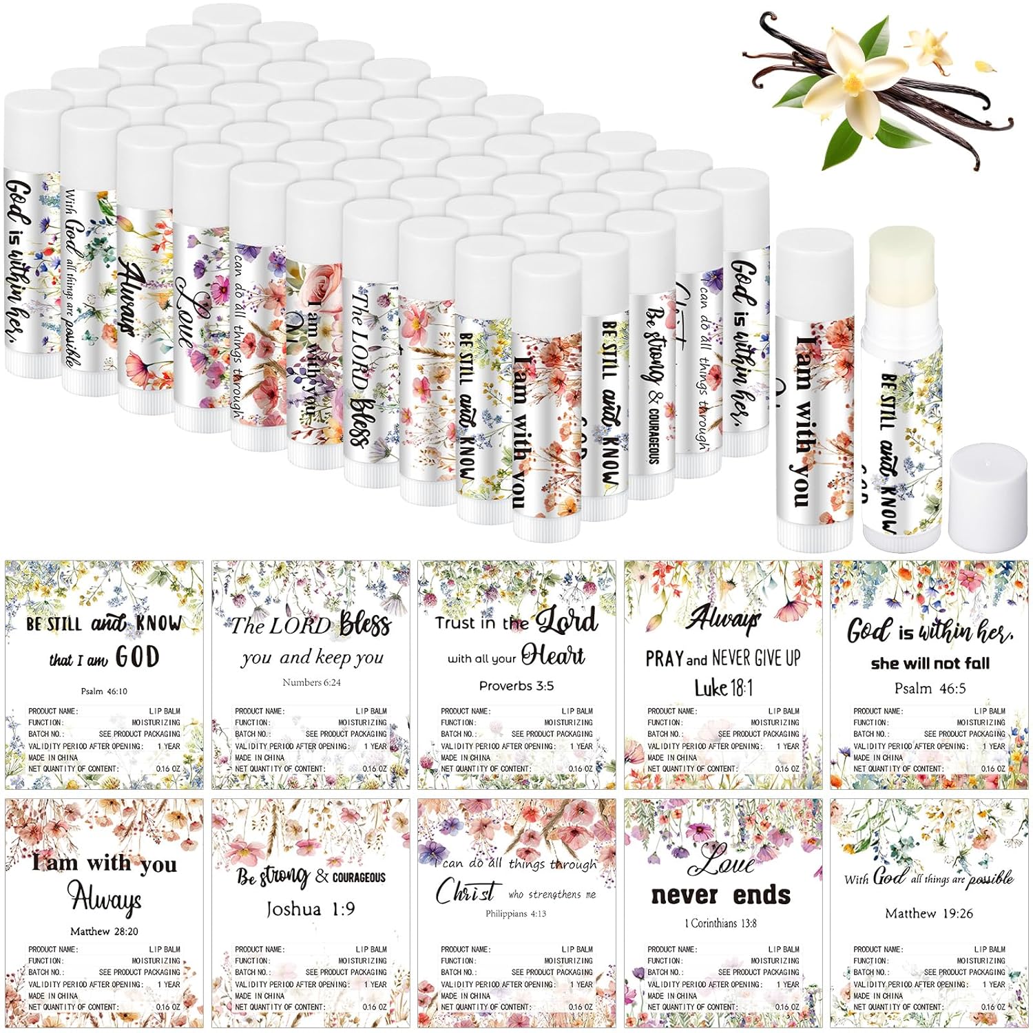 50 Pack Christian Religious Gifts Bulk Lip Balms for Women Men Church Party Favors Bulk Bible Verse Lip Balm with Scripture Inspirational Gifts for Coworkers Staff Employee (Wildflower)