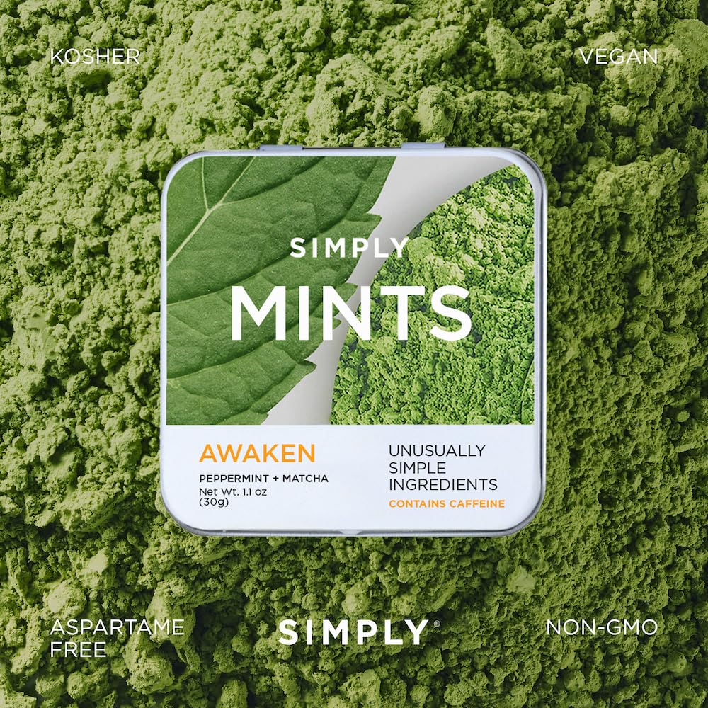 SIMPLY Mints | Caffeinated Breath Mints- Awaken (Caffeine + Peppermint + Matcha) | Pack of Six (180 Pieces Total) | Microdose Caffeine + Breath Freshening + Aspartame-Free + Vegan + non-GMO