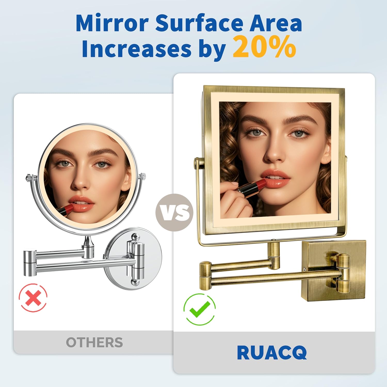 Ruacq Rechargeable Wall Mounted Makeup Mirror with Lights, Double Sided 1X/10X Magnifying Vanity Mirror with 3 Color Lights, Touch Screen Dimmable, 360° Rotation Extension Foldable Arm(Antique Brass)