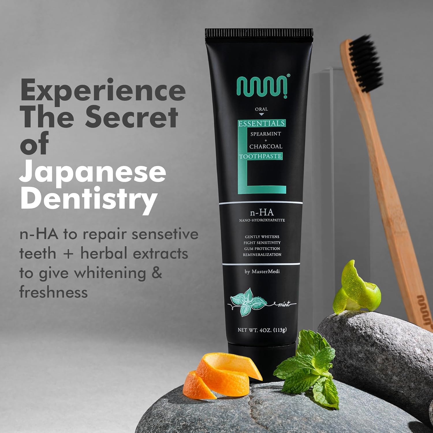 MasterMedi Nano Hydroxyapatite Toothpaste (Inspired by 10% nHA Formulas), Fluoride-Free, Charcoal Whitening, Sensitive Teeth Care, Enamel Support, SLS-Free, Xylitol, Citrus Mint, 4 Oz (Pack of 1)