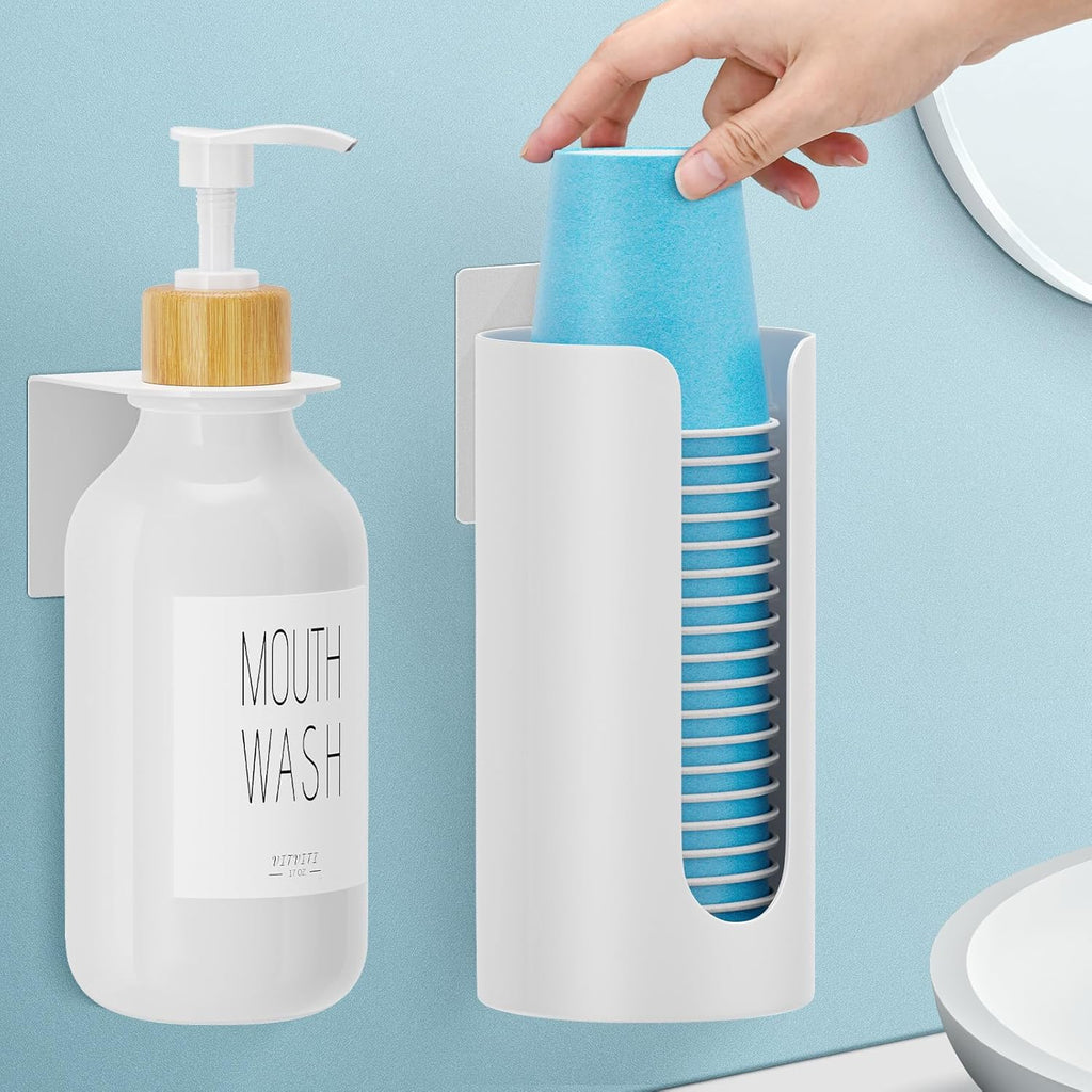 VITVITI Mouthwash Dispenser for Bathroom, Mouth Wash Dispenser Wall Mounted with Cup Holder, 17OZ Refillable Mouthwash Pump Container, Plastic/Bamboo/Metal, White