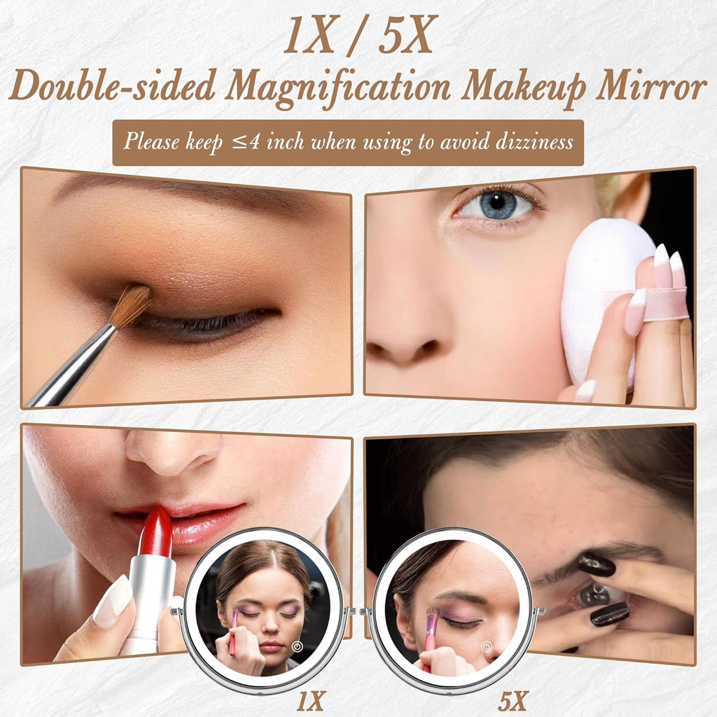 Ysenchan Lighted Makeup Mirror, 8'' Rechargable LED Vanity Magnifying Mirror, Double Sided 5X Manification Mirror with Stand, Cosmetic Standing Desk