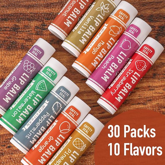 AZEN 30 Pack Lip Balm, Natural Lip Balm Bulk, Lip Care Product, Moisturizing Lip Balms for dry cracked lips - 10 Flavors