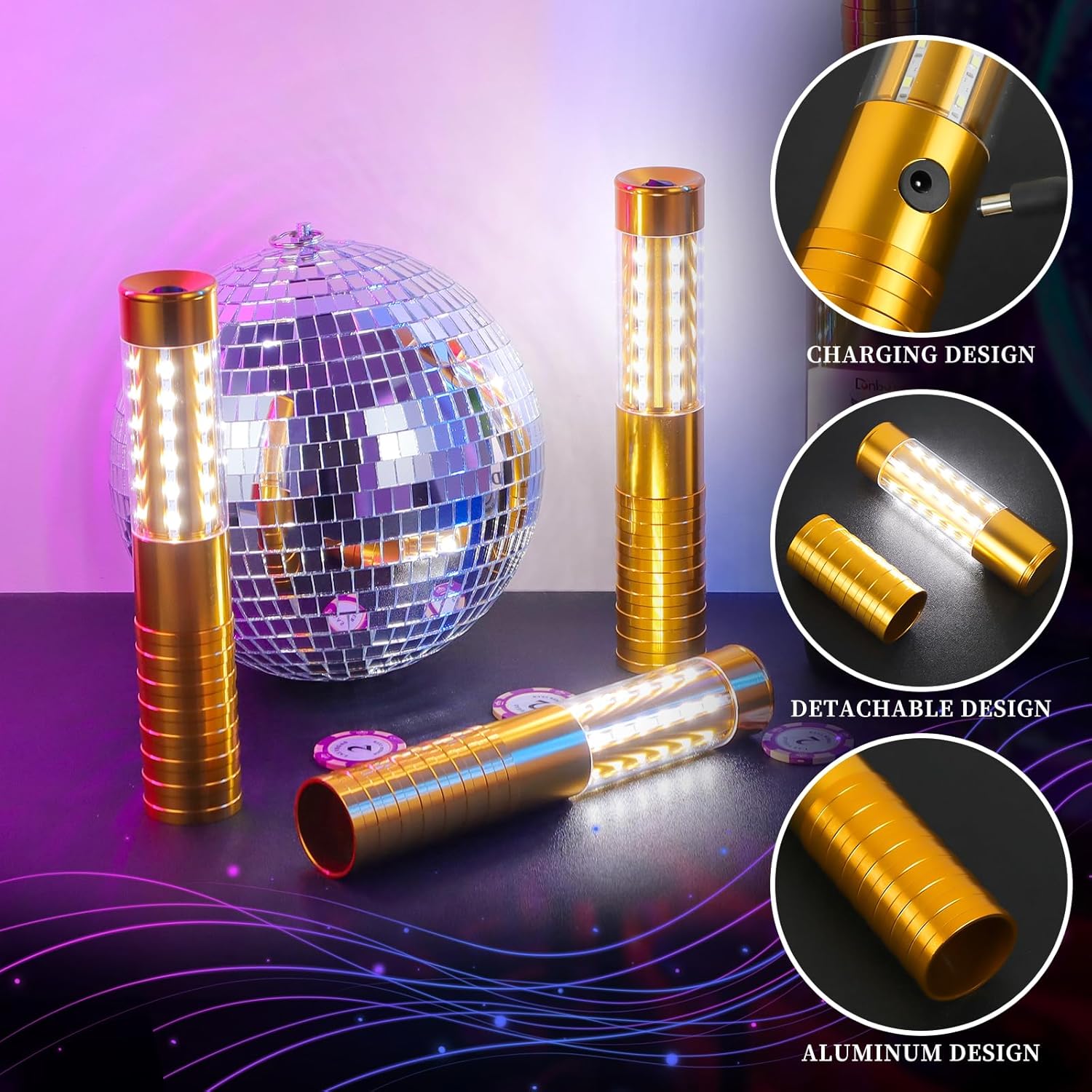2 Pieces LED Strobe Baton Light Rechargeable Bottle Service Sparklers Stick Reusable Champagne Bottle Handheld LED for Club Stage Nightclub Party Concert Event Bar Outdoor - Gold