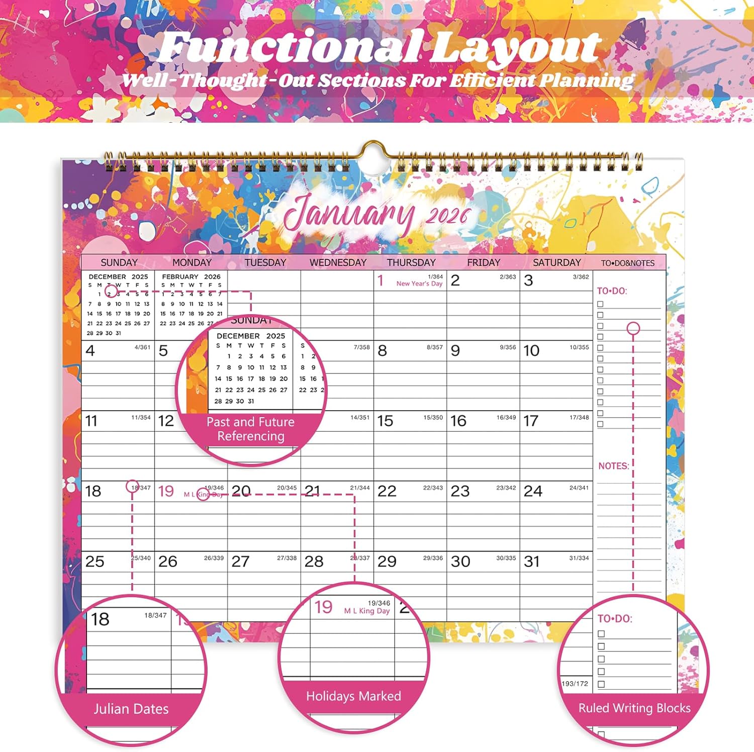 2026 Calendar 12 Month Wall Calendar 2026, Jan to Dec 2026 Calendar with Julian Dates, 14.8" X 11.5" (2026 Wall Calendar Colorful)