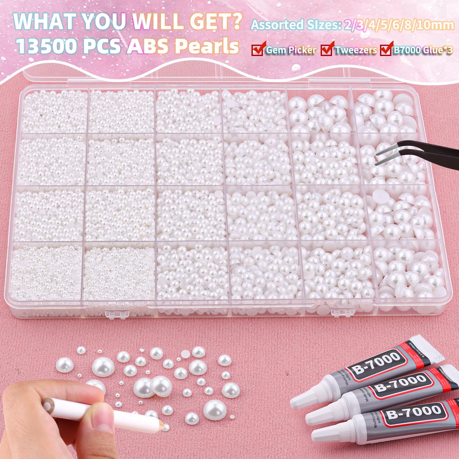 13500Pcs Flatback Pearls for Bedazzling (White) with 3Pcs B7000 Jewelry Glue, Assorted Size 2/3/4/5/6/8/10mm Half Pearl, Bedazzling Gems for Crafting Clothing Tumbler Shoes Embellishment Nail Art