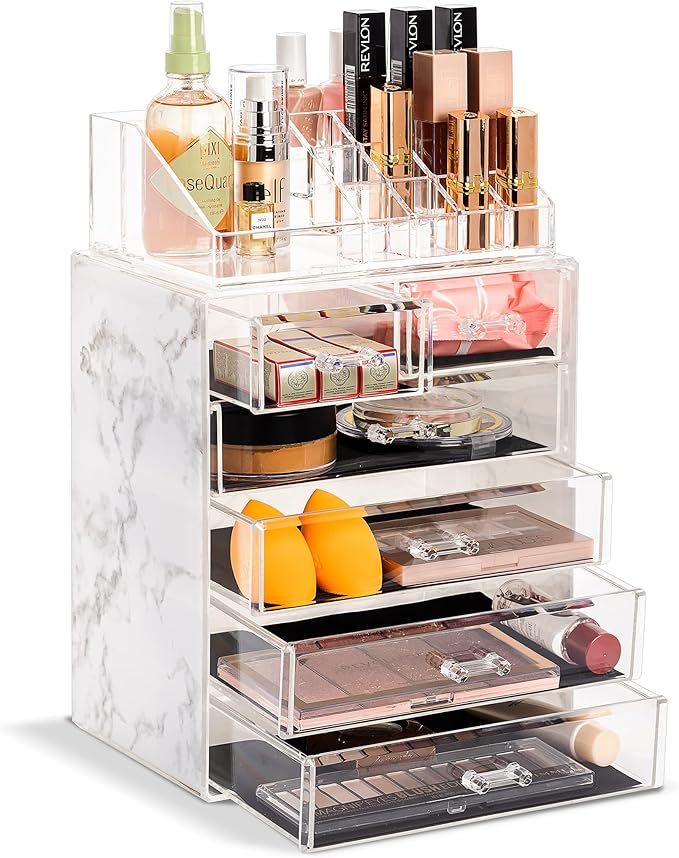 Sorbus Acrylic Makeup Organizer Set, 6-Drawer Vanity & Countertop Cosmetic Storage with Small & Wide Compartments, Marble Print Makeup Storage for Brushes, Jewelry – Holiday Gift for Women & Teens