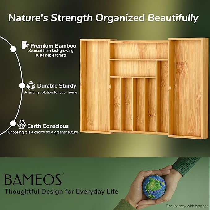 BAMEOS drawer organizer flatware organizer cutlery tray silverware organizer expandable adjustable bamboo drawer organizer kitchen bathroom
