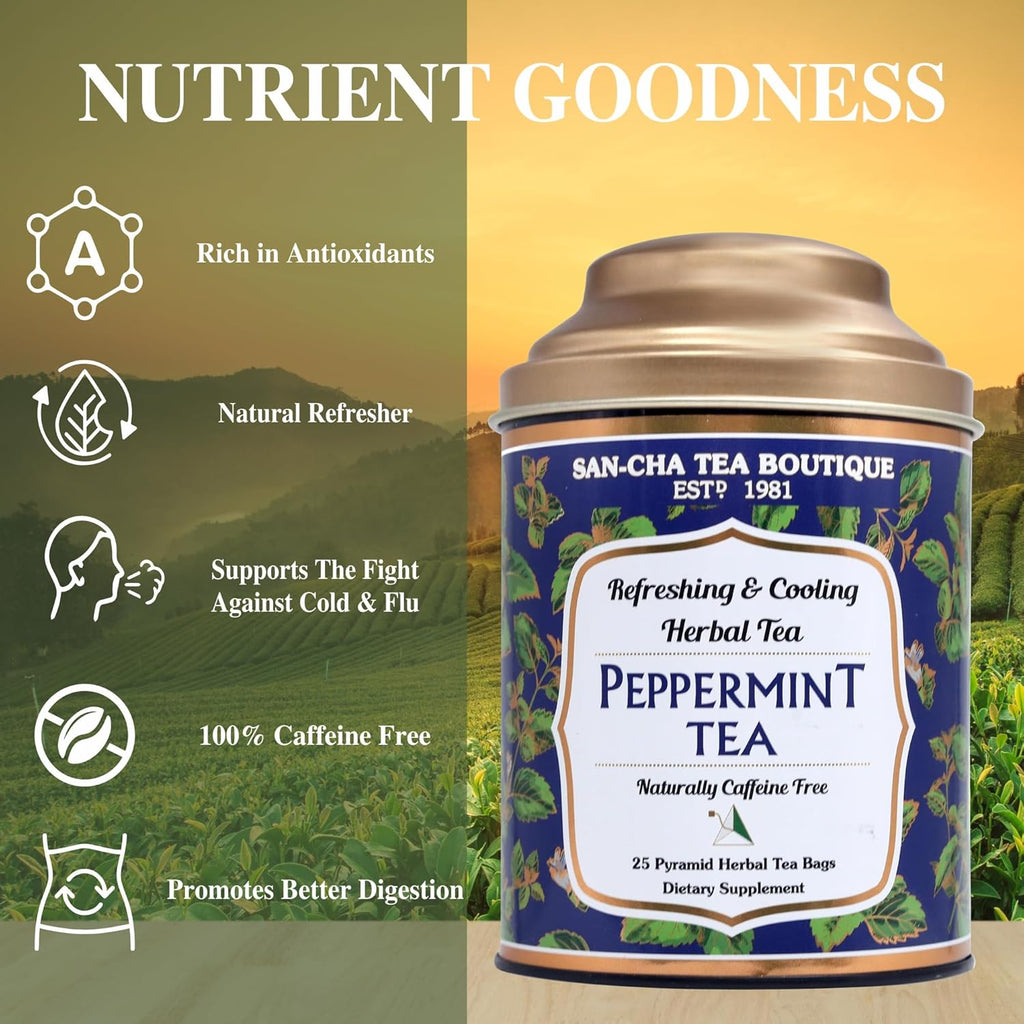 Sancha Tea Boutique, Peppermint Tea, Caffeine Free Herbal Tisane, 25 Pyramid Bags, Real Peppermint Leaves, Soothing & Relaxing