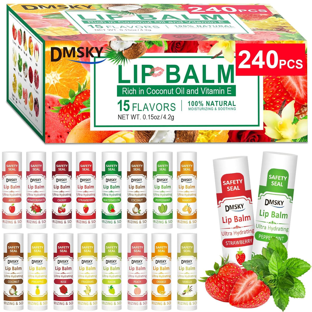 DMSKY 240 Pack Lip Balm, Natural Lip Balm Bulk with Vitamin E and Coconut Oil, Christmas Stocking Stuffers, Christmas Gifts for Women Girls-12 Flavors