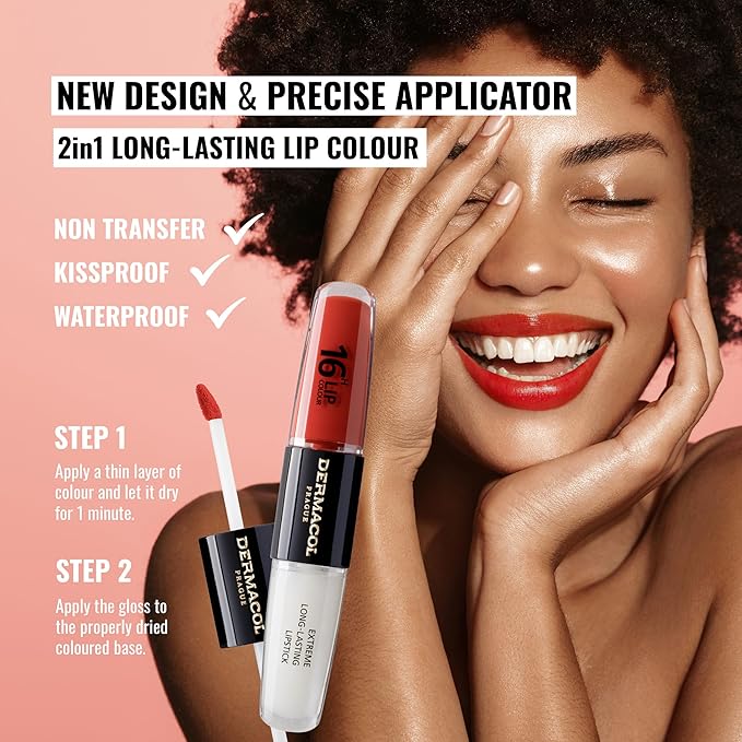 Dermacol NEW 16-Hour Lip Colour, Highly Pigmented Glossy Lip Stain, Two-Phase Lip Plumper Gloss, Kissproof Lip Makeup Products with Matte and Glitter Finish, n. 34