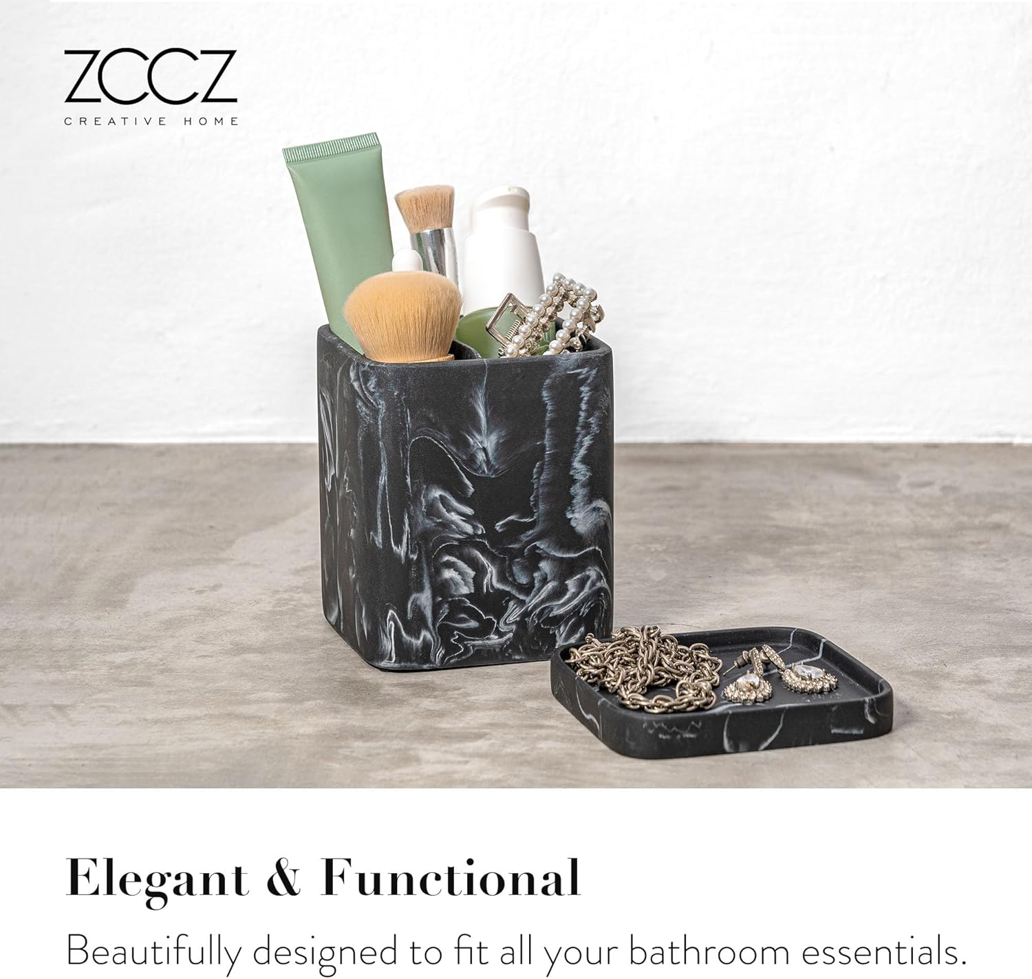 zccz Toothbrush Holder, Countertop Marble Look Electric Toothbrush Toothpaste Makeup Brush and Razor Holder Stand Bathroom Organizer with Detachable Tray