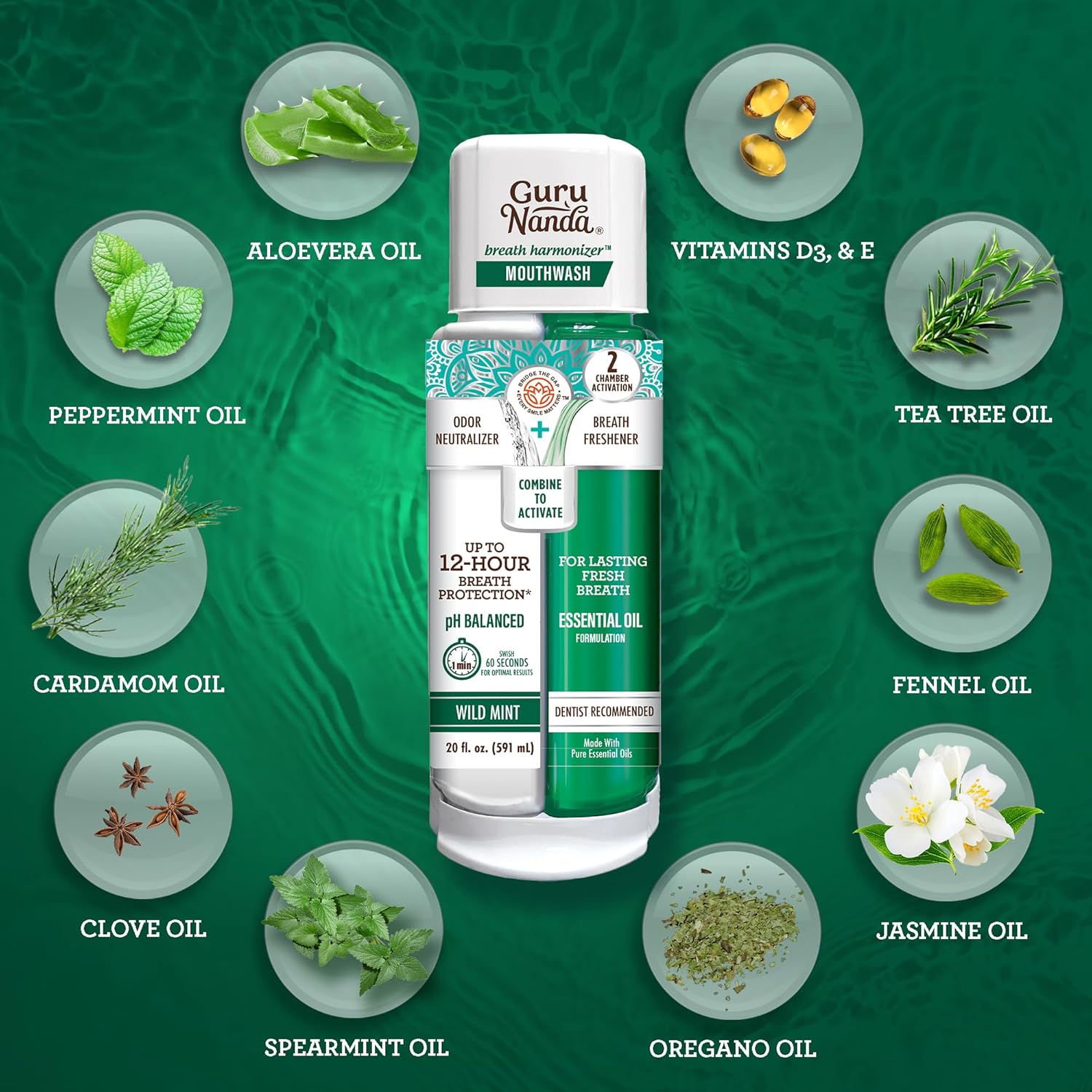 GuruNanda Dual Barrel Breath Harmonizer Mouthwash - Freshens Breath - Alcohol & Fluoride Free with Sodium Chlorite & Essential Oils - Wild Mint Flavor, 3 Pack