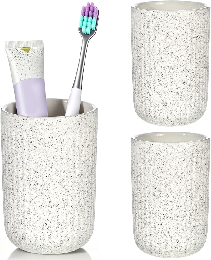 Toothbrush Holders for Bathrooms, 3 Cups Ceramic Tooth Brush Holders Set, Beige Bathroom Tumbler Cups Reusable Toothbrush Mouthwash Cup for Bathroom Counter Organizer