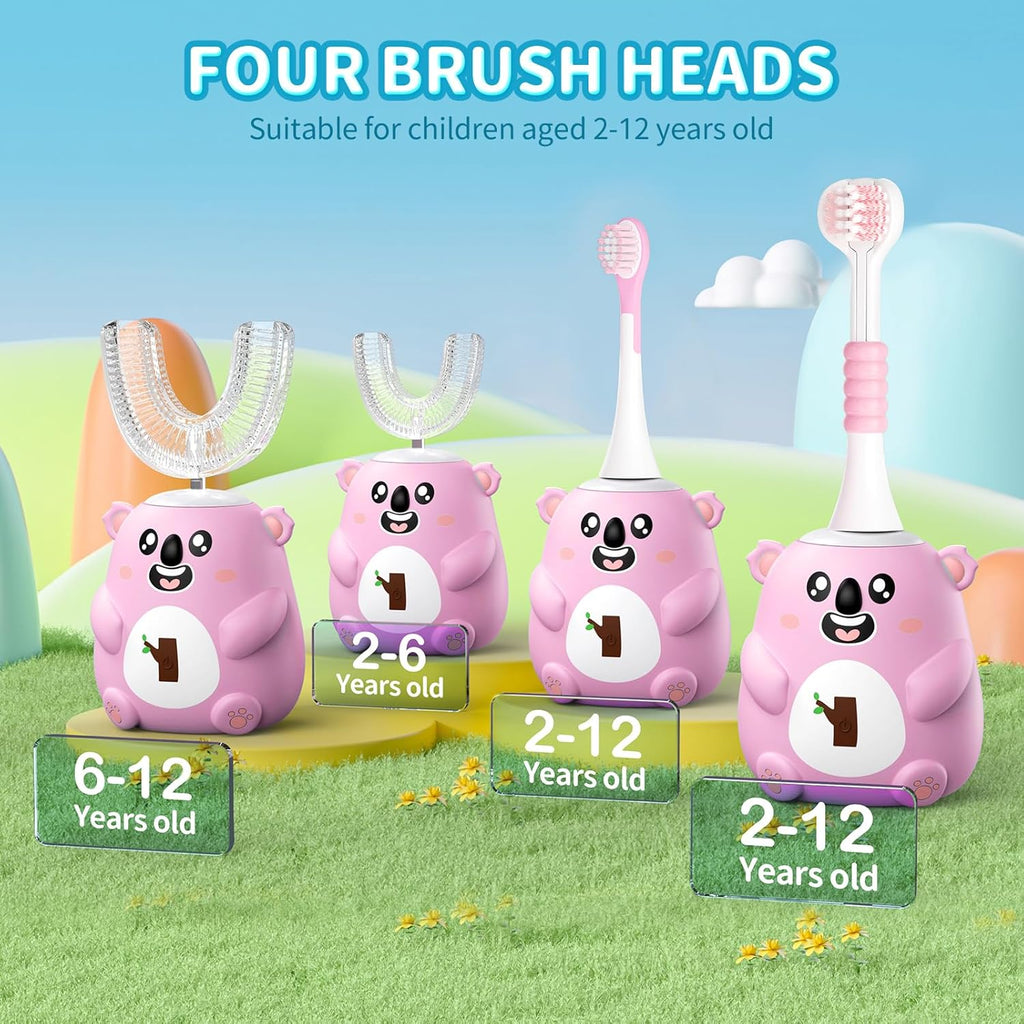 Kids U Shaped Electric Toothbrush, Automatic 360° Sonic Cleaning, 6 Modes, 4 Brush Heads, Cute Cartoon Koala Design (2-6 Age (Pink))