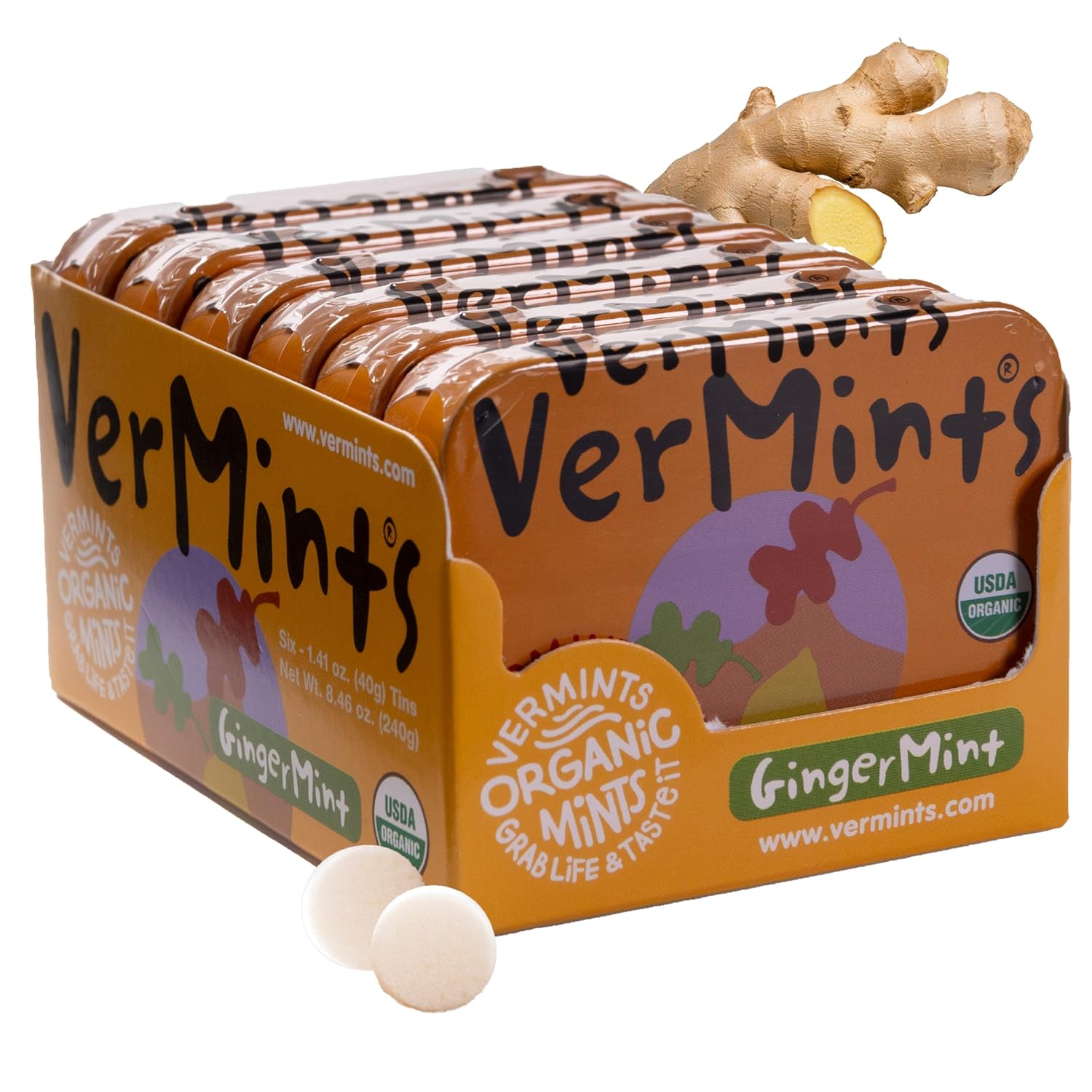 VerMints Organic Breath Mints GingerMint - Real Ginger Flavored Candies - Travel Size Tin - Non-GMO, Nut Free, Gluten Free, Vegan, Kosher Organic Candy Mints - 1.41oz Tins (Pack of 6)