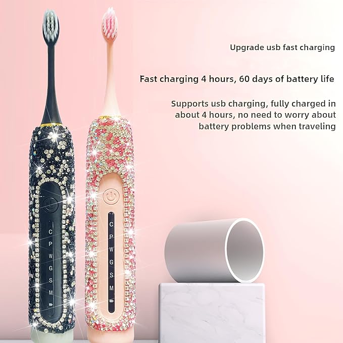 Electric Toothbrush for Woman Bling Diamond Decor Portable Travel Essentials for Couple Gifts Toothbrush with 3 Replacement Heads 6 Modes（Silver & Pink