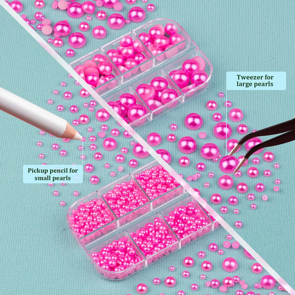 3 Boxes Flat Back Pearls Kit 12 Flatback Peach Half Round Pearls 3-10mm with Pickup Pencil and Tweezer for Home DIY and Professional Nail Art, Face Makeup and Craft
