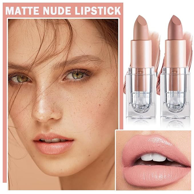 2PCS Matte Nude Lipstick Set Velvet Lip Gloss Non-Fading Non-Sticky Cup Nude Lipstick Matte Lip Stain Long Lasting Waterproof Lipstick for Women Girls Daily Lip Makeup-White Peach+Flesh Pink