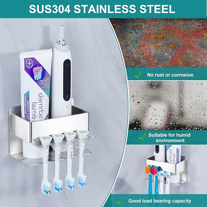 Toothbrush Head Holders, Electric Tooth Brush Head Holder, Adhesive Toothpaste Holder for Shower Bathrooms, Wall Mounted Tooth Brushing Holder Organizer Storage (Silver, Small)