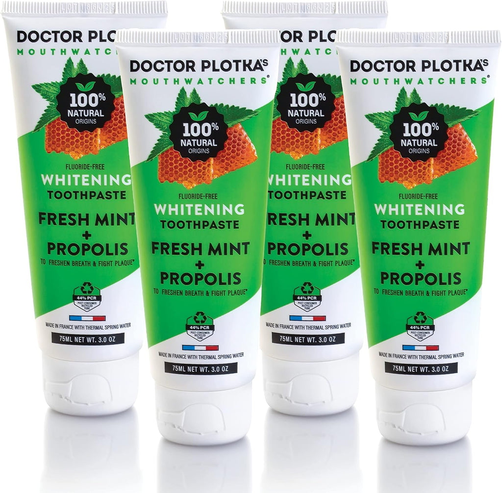 MOUTHWATCHERS Whitening Fluoride Free Naturally Sourced Toothpaste, 4 Tubes, 3 oz Each, for Sensitive Teeth and Gums, Organic, SLS Free, Fresh Organic Mint and Propolis, by Dr. Plotka's