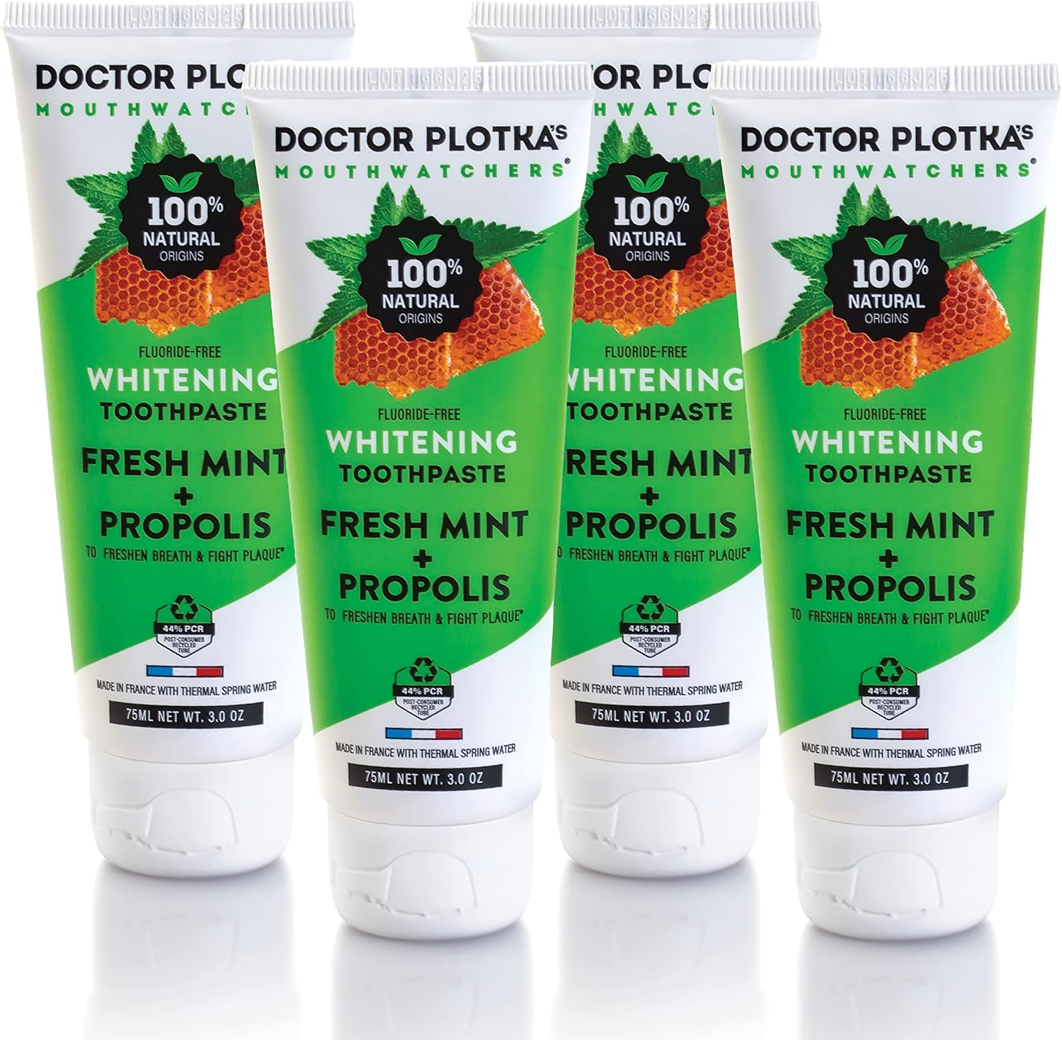 MOUTHWATCHERS Whitening Fluoride Free Naturally Sourced Toothpaste, 4 Tubes, 3 oz Each, for Sensitive Teeth and Gums, Organic, SLS Free, Fresh Organic Mint and Propolis, by Dr. Plotka's