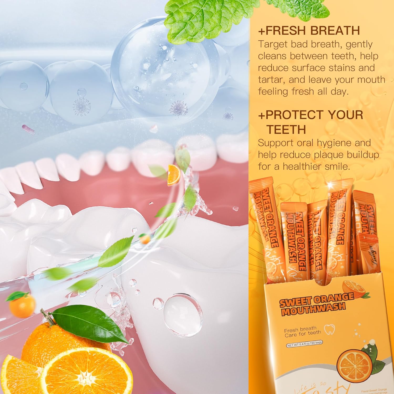 Mouthwash Travel Size, Individual Mini Mouthwash Alcohol Free, Orange Mint for Fresh Breath, Oral Care, Teeth & Gum Health, TSA Compliant, Portable Packets to Go, 0.41 Fl Oz x 20 Packs