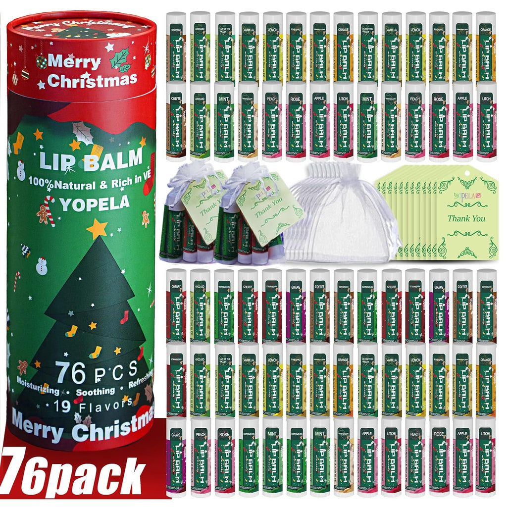 Yopela 76 Pack Christmas Natural Lip Balm Bulk with Vitamin E and Coconut Oil Lip Care Set - Moisturizing, Soothing, and Repairing Dry and Chapped Lips - 19 Flavors - Non-GMO