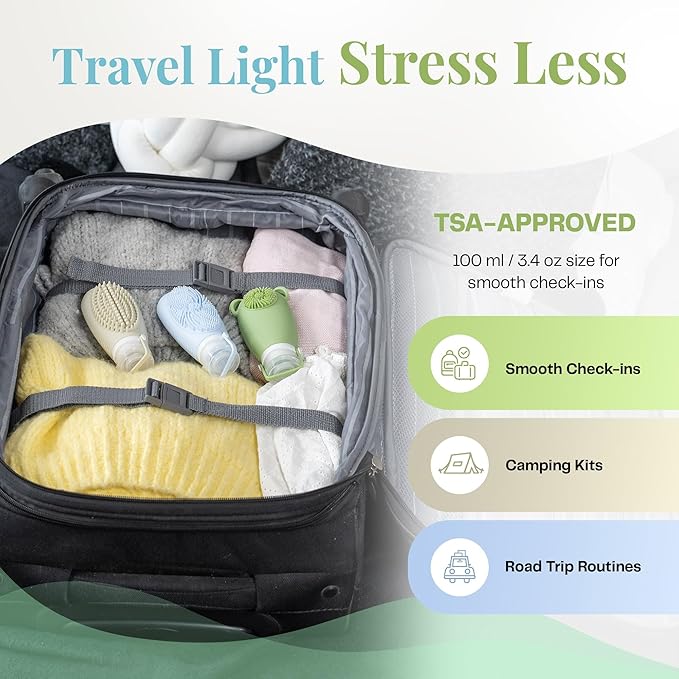 Sumina Silicone Travel Bottles 3-Pack (3.4 oz) with TSA Bag | TSA-Approved Leakproof Toiletry Containers | Refillable Shampoo Bottles with Gentle Exfoliation | Soft, Squeezable Silicone