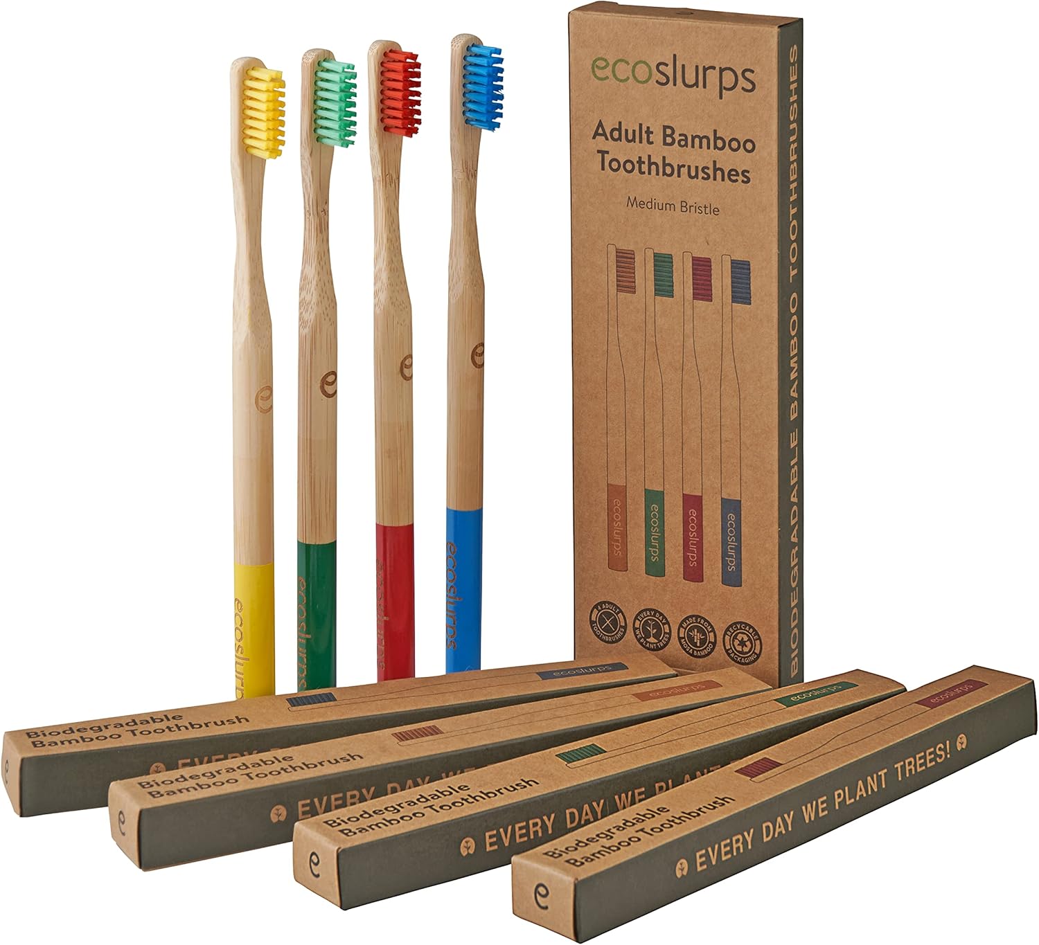 EcoSlurps 4 Bamboo Toothbrushes Multipack - Award Winning Medium Bristle Biodegradable Bamboo Toothbrush Pack (4 Adult Medium, Multi-Colored)