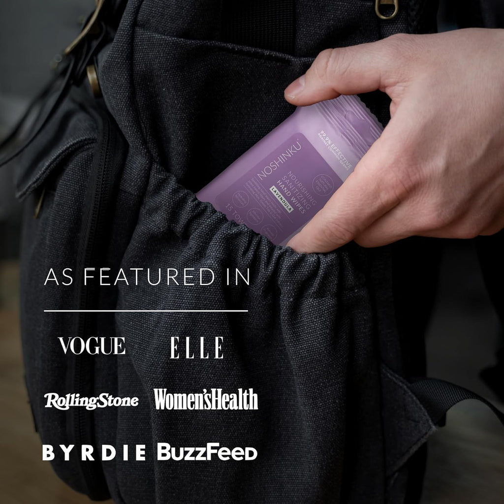 Noshinku – Lavendula Hand Sanitizer Wipes, 3-Pack (45 Towelettes) – Resealable Travel Wipes with Ethyl Alcohol, Aloe & Green Tea, Plant-Based Fiber, Essential Oil Scents, Cruelty-Free & No Dyes