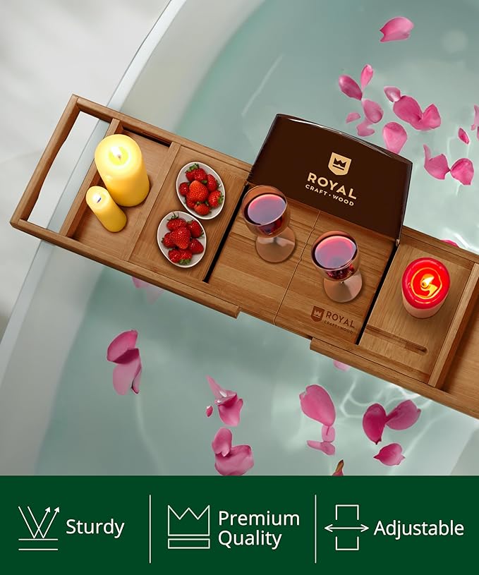ROYAL CRAFT WOOD Premium Foldable Bathtub Tray - Wood Bath Tray for Tub, Bamboo Shelf, Expandable Bath Table Trays, Bathtub & Bathroom Accessories for New Home Gifts for Mom
