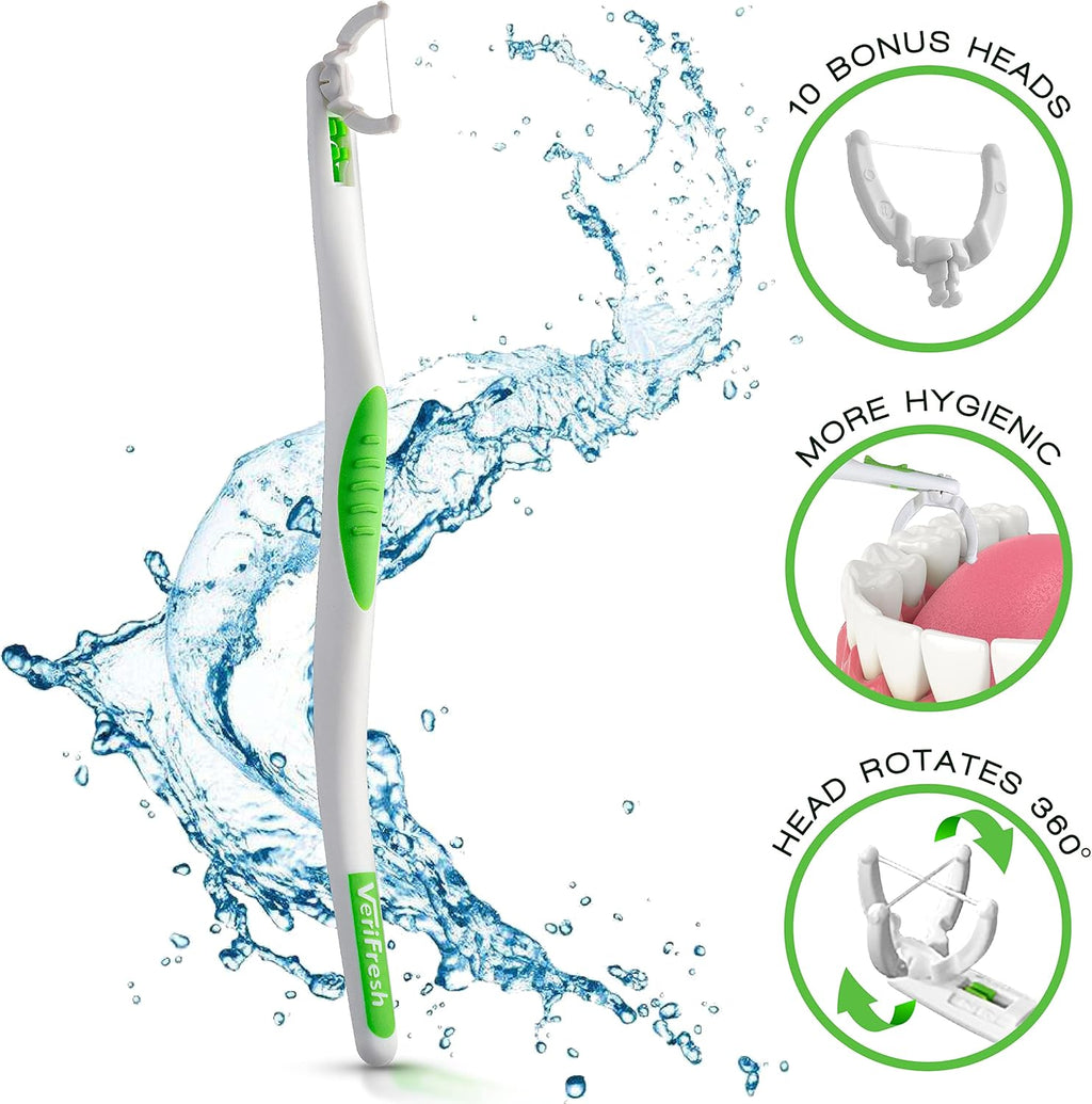 VeriFloss Dental Flosser with 10 Head Refill - Teeth Flossers for Adults & Kids, Flossing Tool - Ergonomic Design w/360° Swivel Head, Glide Lock - Reusable Floss Picks, Cleaning Kit - VeriFresh